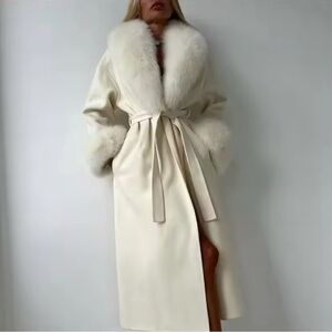 Ivory Faux Fur Trim Long Coat • Size Small • Brand New • Belted Winter Coat